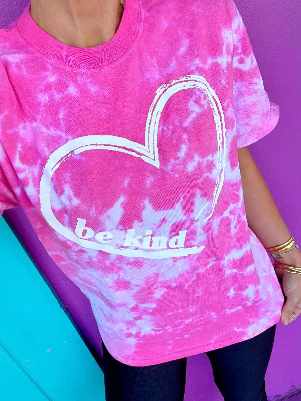 Women's Blouse with U-Shaped CollarBe Kind Pink Splash Heart Tie-Dye Tee