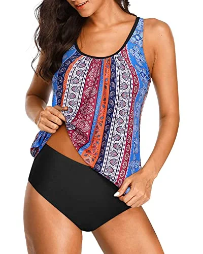 Two Piece Athletic Swimwear Set Elastic Band For Women's Casual Swim-Black Tribal