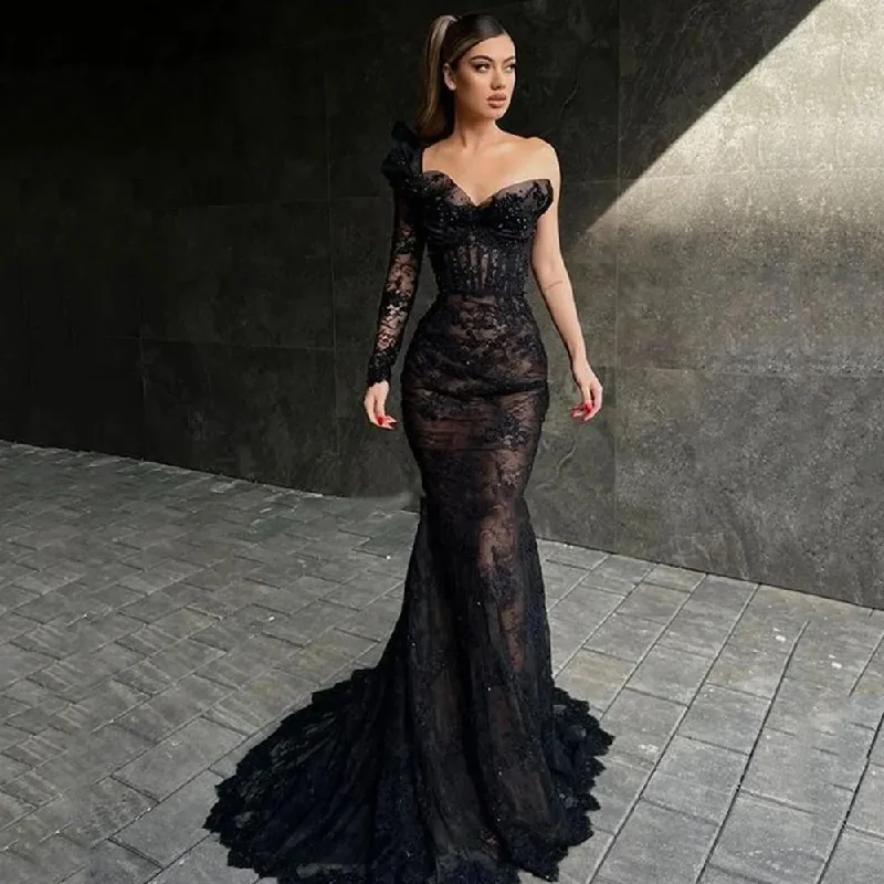 Women's Sleeveless DressesElegant Long Black Mermaid Prom Dress One Sleeve Sweetheart Lace Evening Gowns Party Graduation Dresses Vestido De Noche