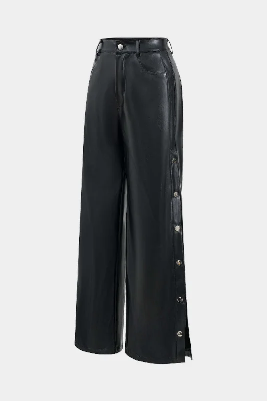 Women's Jodhpurs with Long LengthFaux Leather Button Wide Leg Trousers