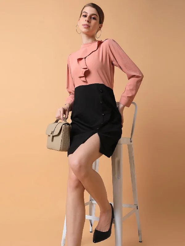 Women's Lapel Collar DressesWomen Solid Peach Bodycon Dress-AE-15638-Peach