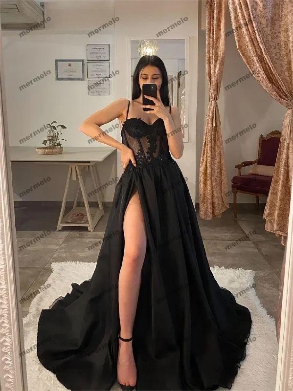 Women's Sweetheart-Back DressesTulle Evening Dress Sexy Black V-Neck StrapLlace Applique Party Dress A-line High Side Slit Formal Occasion Prom Gown