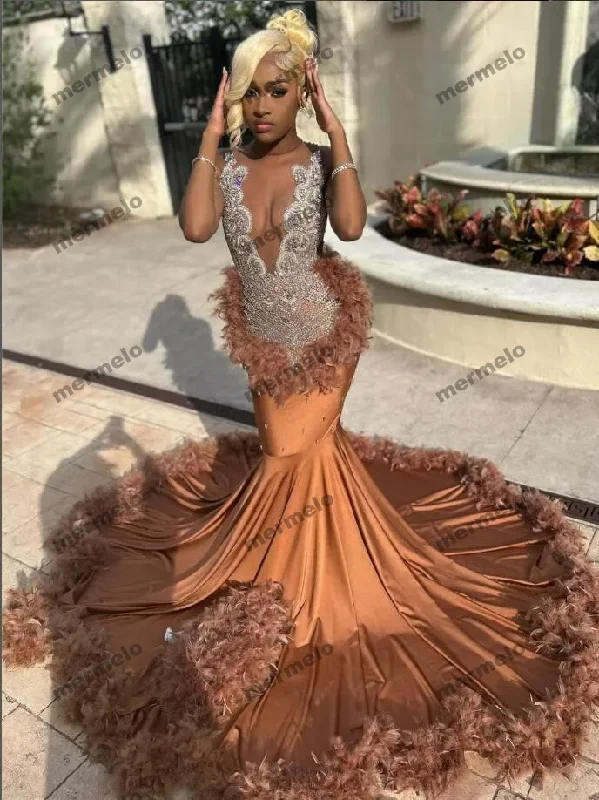 Women's Sweetheart-Back DressesBrown Long Mermaid Evening Birthday Gala Dresses for Black Girl Luxury Diamond Crystal Feather Prom Ceremony Party Dress