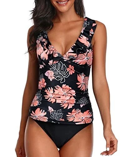 Deep V Neck Flounce Tankini Ruched Swimwear For Women-Black Orange Floral