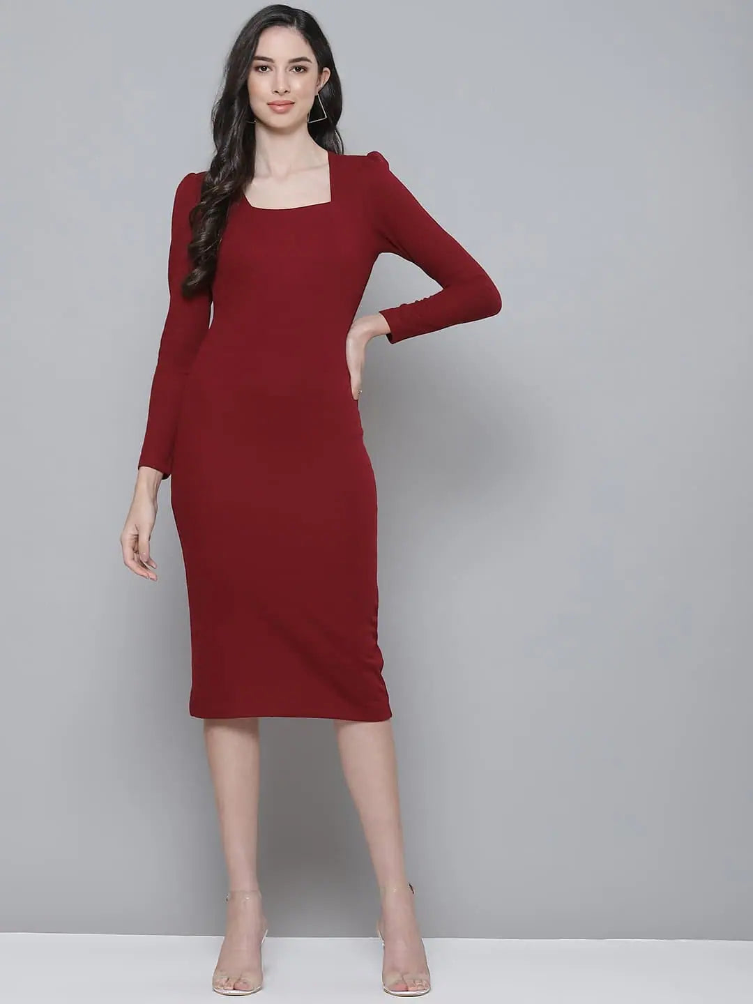 Women's Strapless DressesMaroon Rib Puff Sleeves Square Neck Bodycon Dress