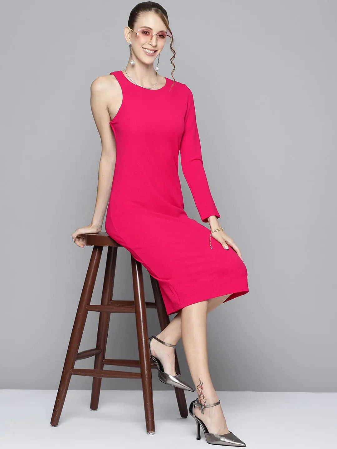 Women's Shift DressesWomen Fuchsia One Side Sleeve Bodycon Dress