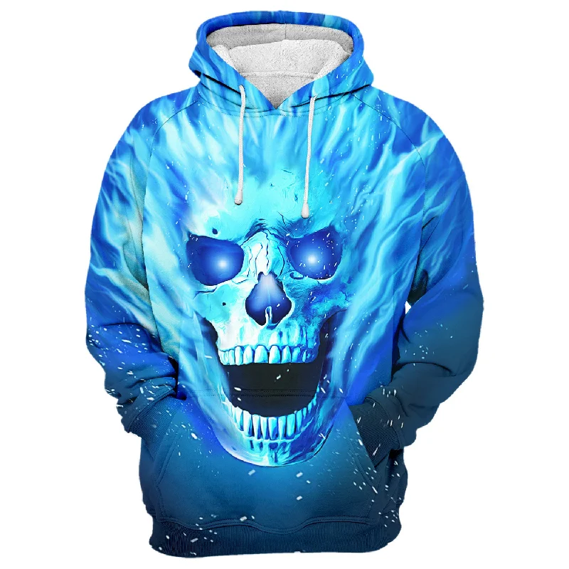 Women's Hooded Sweatshirts with Low WaistBlue flamed skull Hoodie