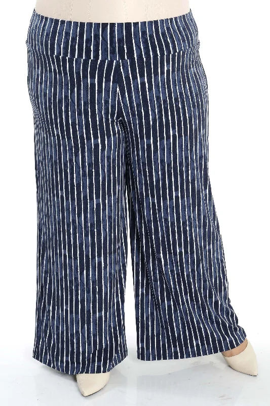 Women's Jodhpurs with Lapel CollarVikki Vi Jersey Navy Pinstripe Wide Leg Pant