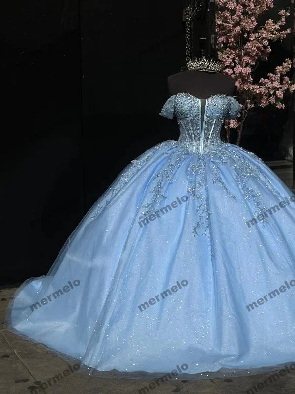 Women's Square-Neck DressesBlue Quinceanera Dresses Off-Shoulder Shiny Lace Beading Vestidos De 15 Anos Birthday Party Princess