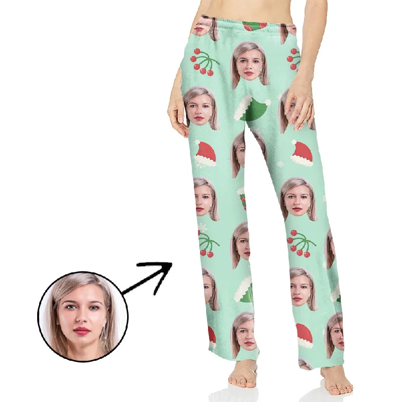 women's pajama sets with matching robesCustom Photo Pajamas Pants For Women Chirtmas Tree And Cherry