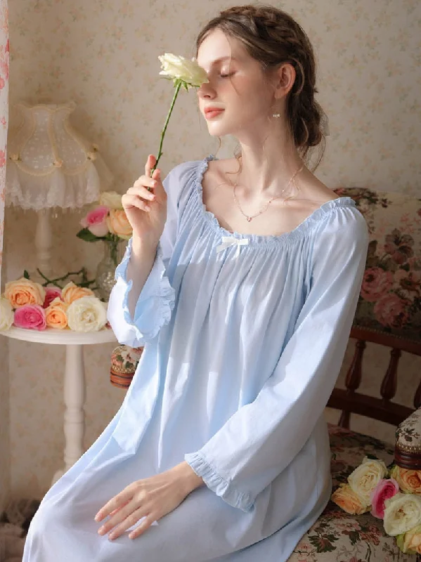 women's pajamas with button-flyVintage French Nightdress, Cotton Victorian Nightgown, Women Long Sleeves Loose Ruffles Princess Vintage Nightgown