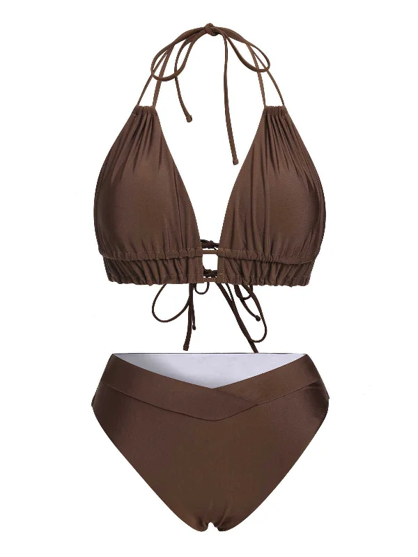 Brown 1960s Halter Solid Swimsuit