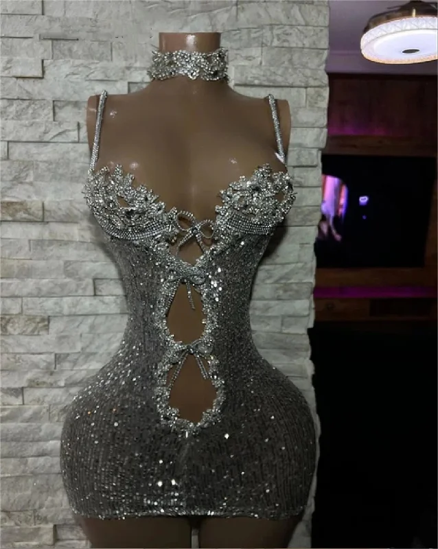 Women's Lapel Collar DressesLuxury Silver Crystals Spaghetti Short Prom Dress African Glitter Sequin Mermaid Mini Cocktail Party Gown See Thru robe de bal