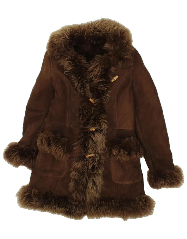 Women's Rain CoatsVINTAGE Womens Duffle Shearling Coat UK 8 Small Brown