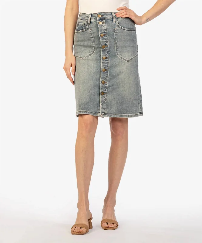 Women's High-Waisted SkirtsRose Button Front Denim Skirt In 89% Cotton, 10% Polyester, 1% Spandex