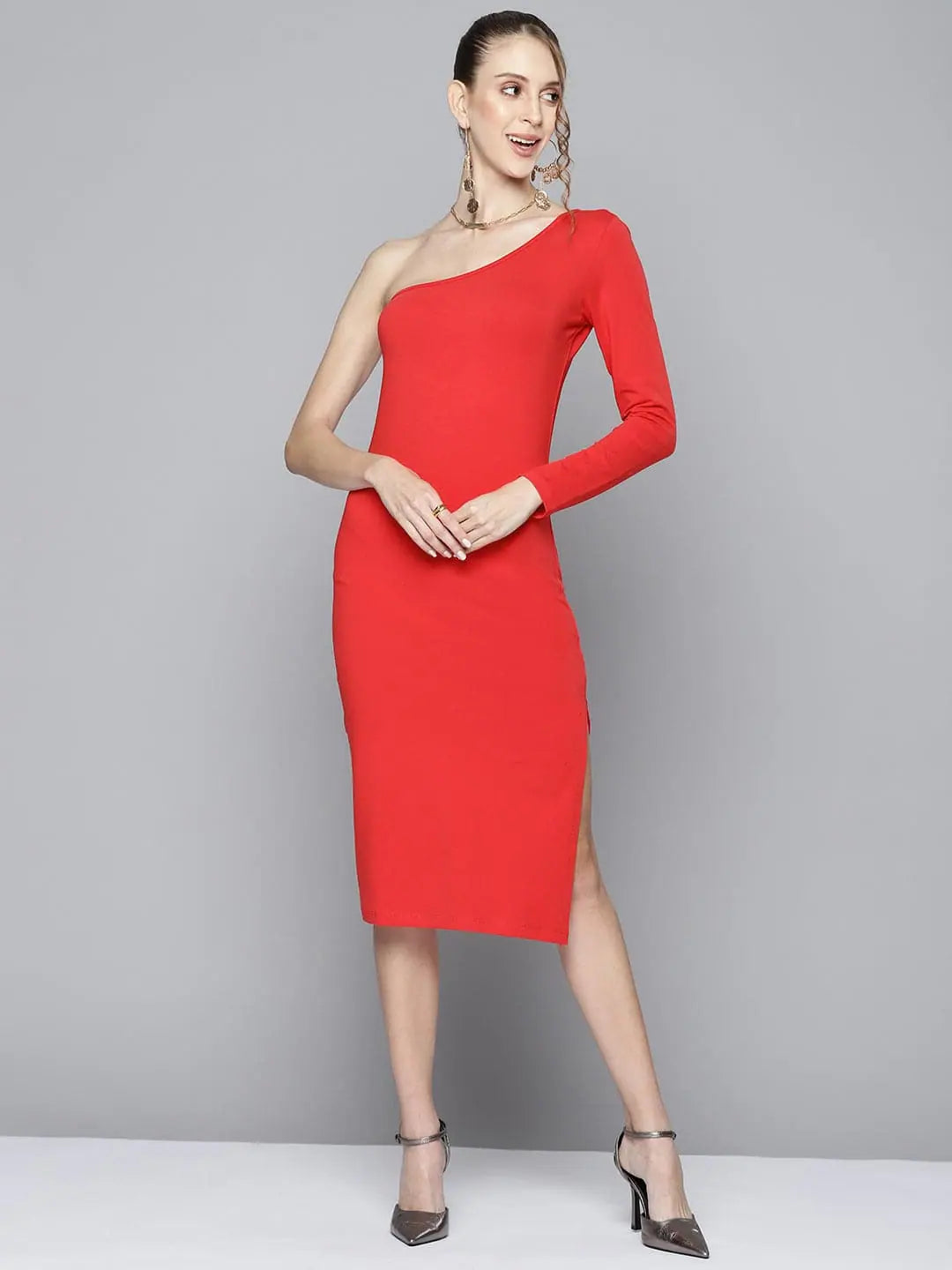 Women's Midi DressesWomen Red One Shoulder Bodycon Dress