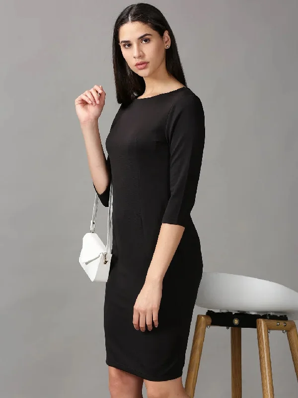 Women's U-Shaped Collar DressesWomen's Black Solid Bodycon Dress-DQ-16-681-Black