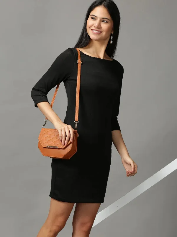 Women's U-Shaped Collar DressesWomen's Black Solid Bodycon Dress-DQ-16-663-3-Black