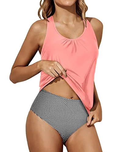 Blouson Two Piece Bathing Suits Tummy Control Tankini Swimsuits Women-Coral Pink Stripe