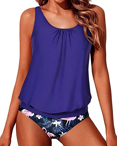 Modest Two Piece Blouson Tankini Swimsuits For Women-Blue Flamingo