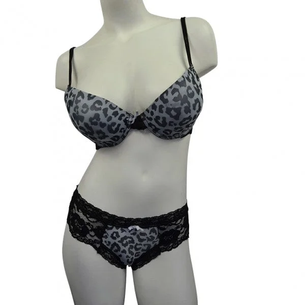 plus-size lace thong panties in a variety of sizes2 Piece Leopard & Lace Bra & Panty Set - Gray