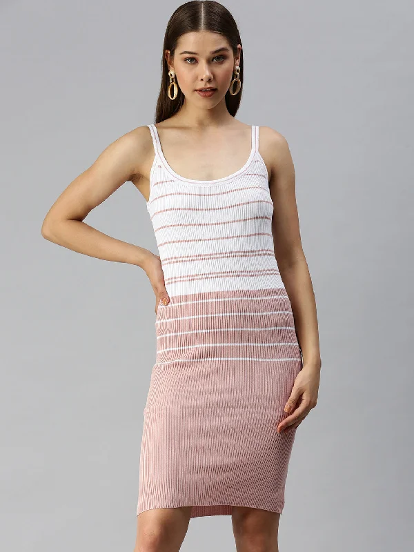 Women's Low Collar DressesWomen Shoulder Straps Striped Bodycon Peach Dress-TG-2026-Peachwhite