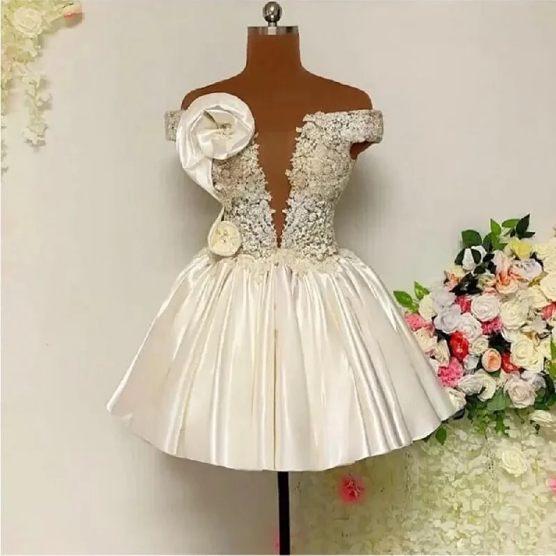 Women's Gathered DressesSexy Cocktail Party Dresses With Handmade Flowers Appliques Off The Shoulder Beach Gowns Pleats Mini Girls Prom Evening Dress