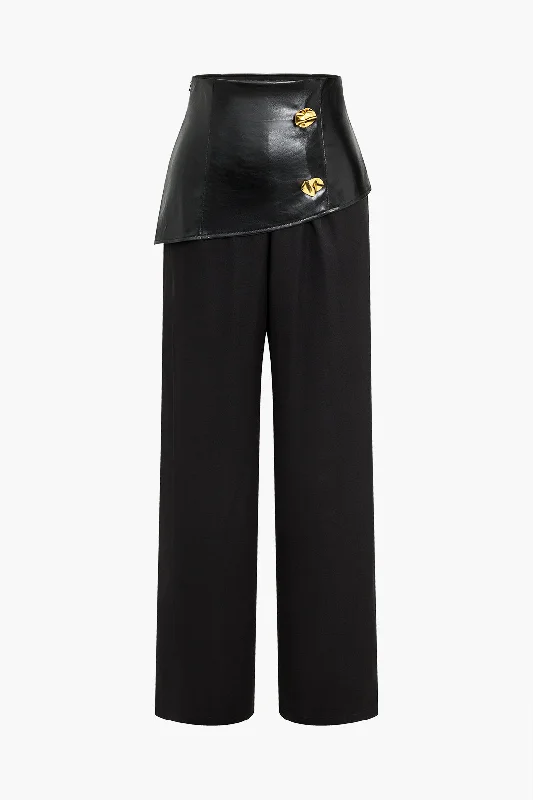 Women's Jodhpurs with Lapel CollarSolid Faux Leather Patchwork  Button Trousers