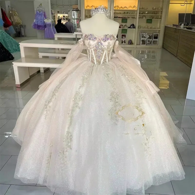 Women's Boat-Back DressesGlittering Crystal Quinceanera Dresses Long Off Shoulder Sleeves Princess Dress Party Gowns Vestidos De 15 Anos