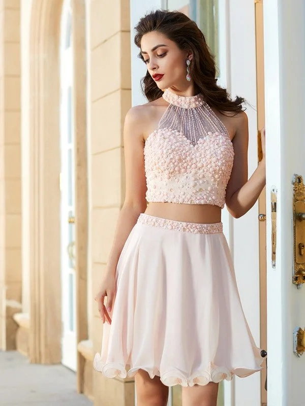 Women's Square Collar DressesA-Line/Princess Halter Beading Sleeveless Chiffon Short/Mini Two Piece Dresses