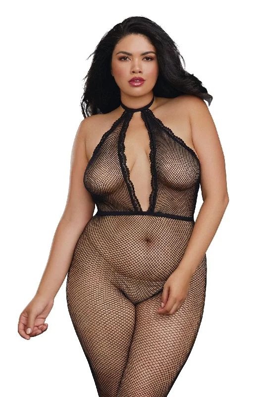 women's pajamas for those who cherish their bedtime routinesFishnet Bodystocking with Plunging Halter Neckline