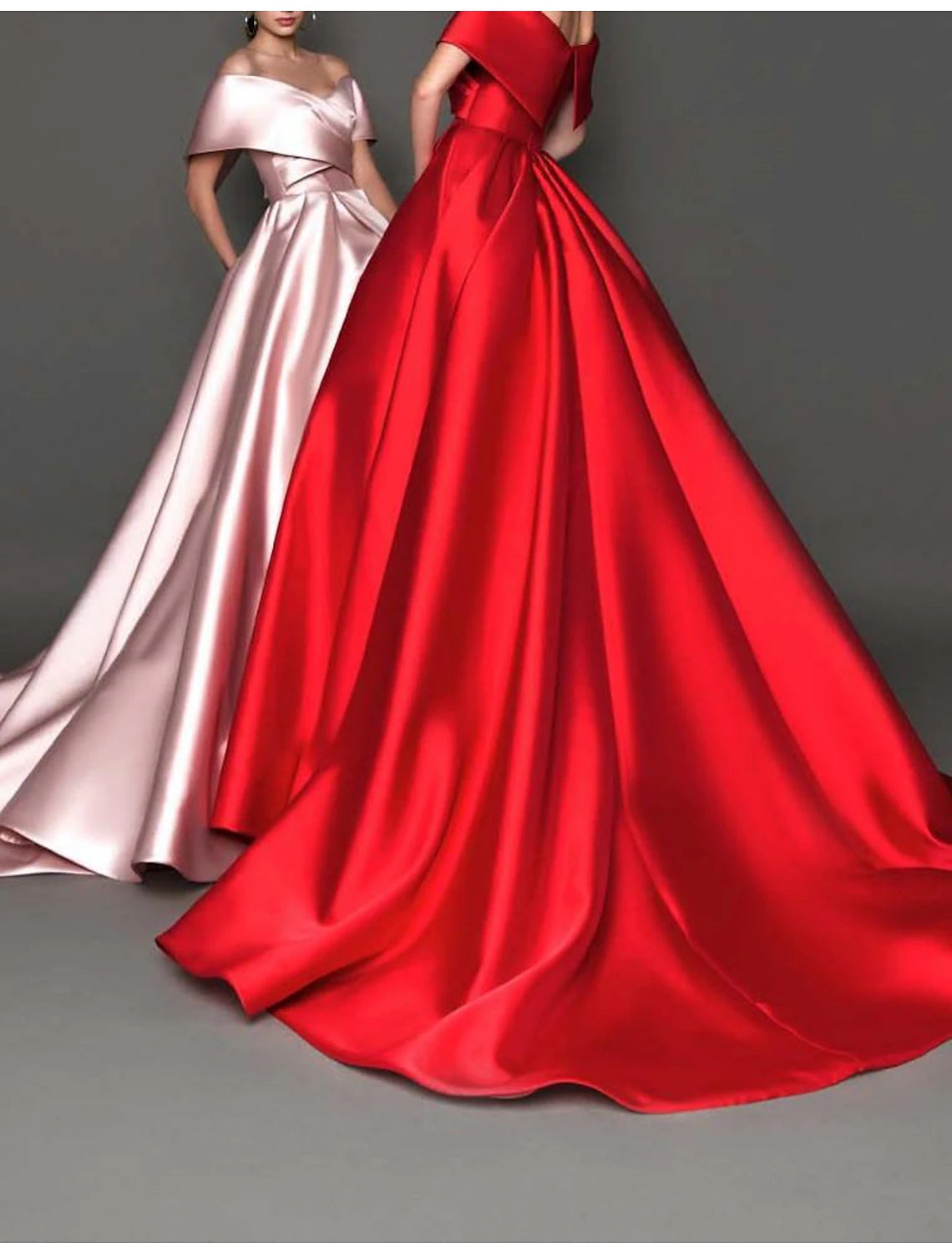 Women's Wrap DressesBall Gown Celebrity Style Minimalist Princess Quinceanera Formal Evening Dress Off Shoulder Short Sleeve Court Train Satin with Pleats Pure Color