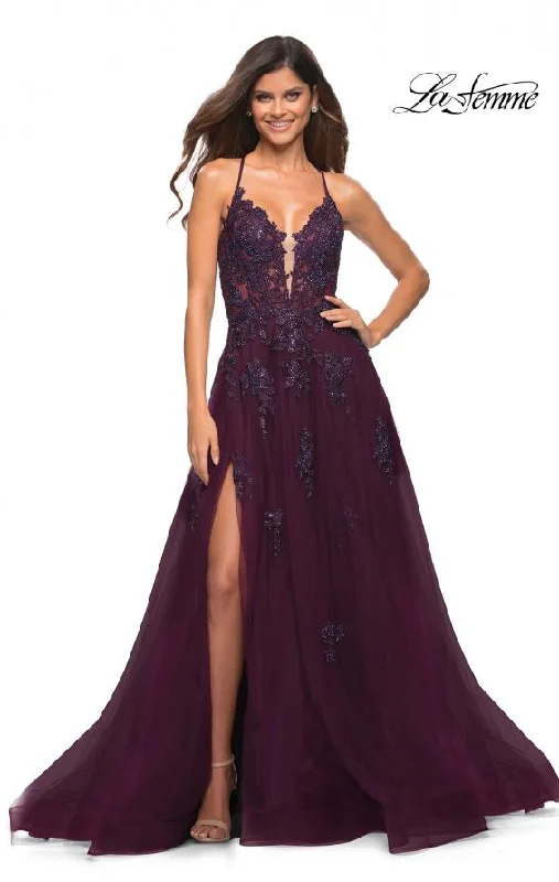 Women's JumpsuitsLa Femme 30560 Lace Tulle Full With Slit