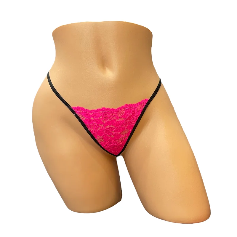 stretch lace panties with a sheer overlay for a seductive appealNeon Pink Micro-Lace G-String With Satin Bow