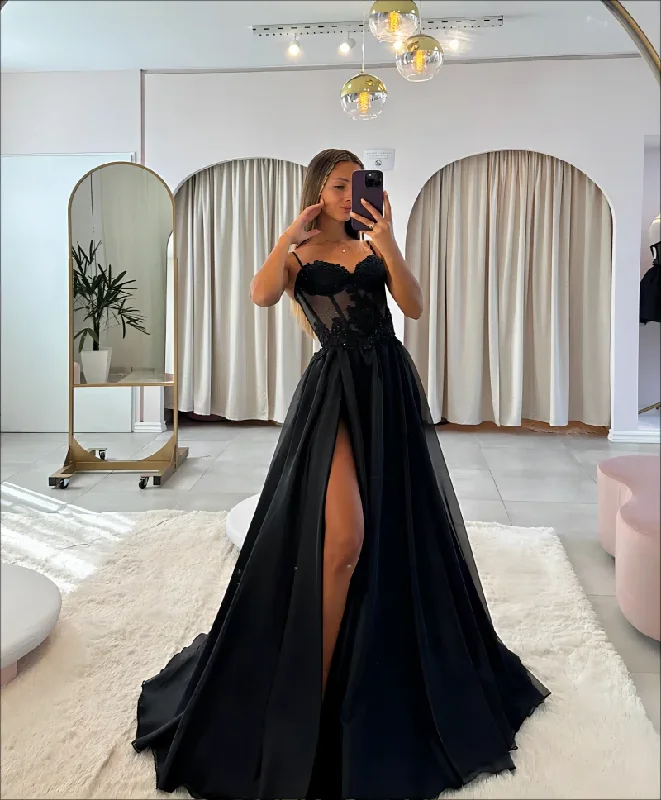 Women's Wide Collar DressesBlack Sweetheart Spaghetti Straps High Slit Prom Dresses Appliques Lace Sexy Backless Illusion Formal Evening Gowns Party Dress