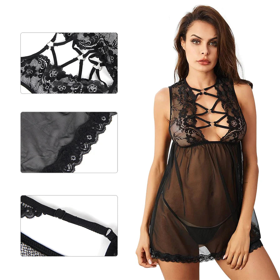 women's pajamas with hidden pocketsSheer Mesh Front Lace Up Chemise in Black - Lovely Lies