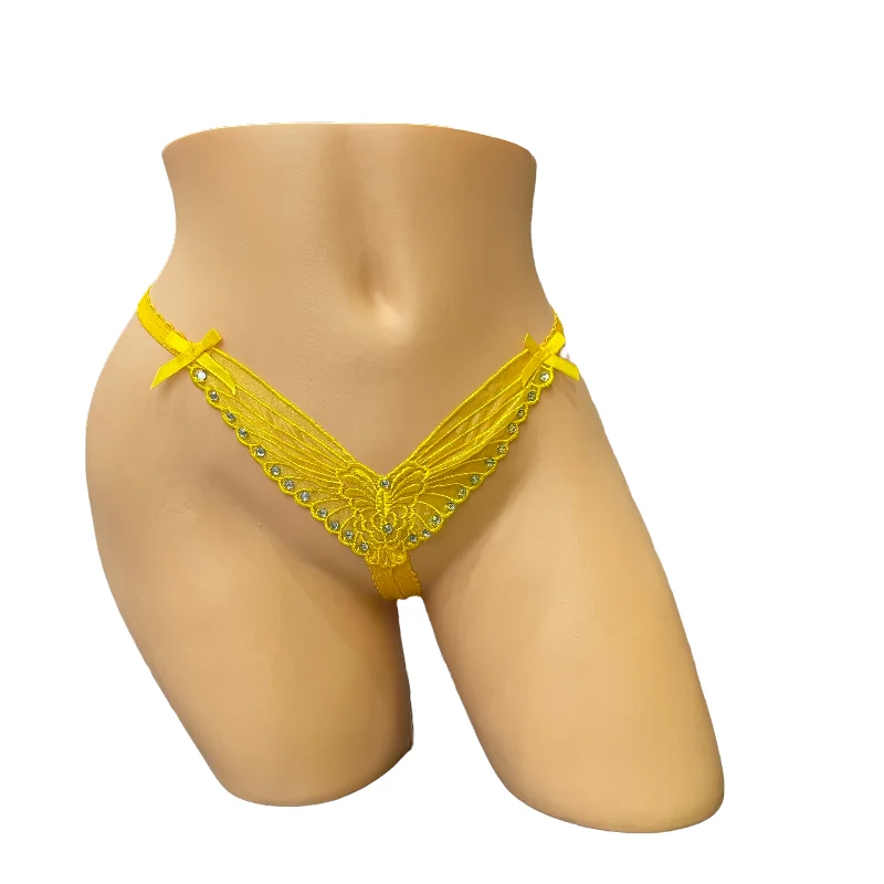 high-waisted cotton women's underwearYellow Embroidered Butterfly Thong With Rhinestones- Crotchless