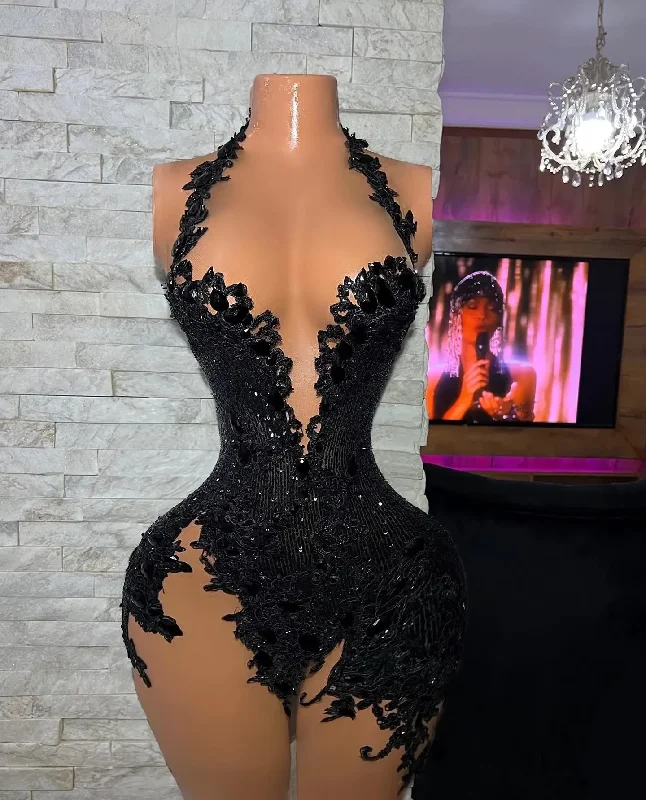 Women's Mandarin-Neck DressesBlack Short Prom Dresses For African Women Sexy V-neck Applique Lace Party Gowns Sleeveless Vestido De Cocktail Dress