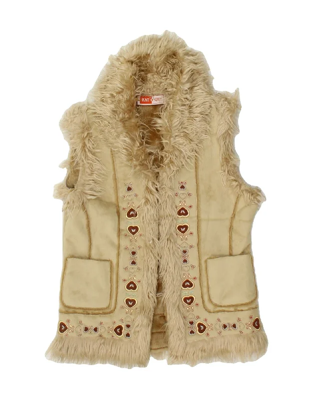 Women's Windbreaker CoatsVINTAGE Womens Graphic Sherpa Gilet UK 10 Small Beige