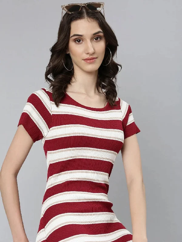 Women's Square Collar DressesWomen Maroon Striped Bodycon Dress-SNC-83-28-Maroon