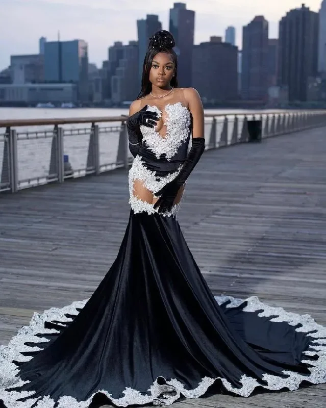 Women's High-Low DressesBlack White Mermaid Long Evening Party Dresses Sexy See Through Luxury Applique Prom Birthday Dress with Gloves Velvet