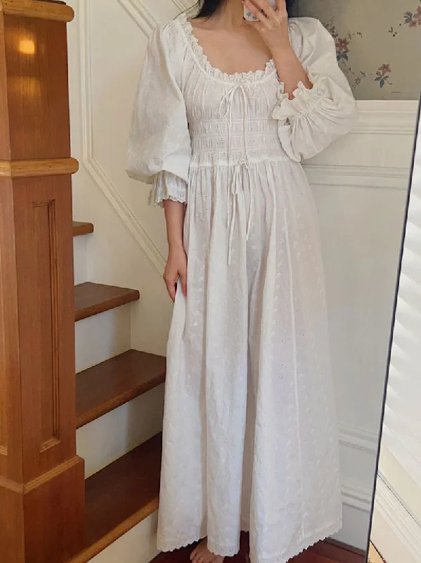 women's pajamas for yoga and meditationVintage Cotton Embroidery French U-Neck Ruffles Nightgown, Lace-up Victorian Nightgown