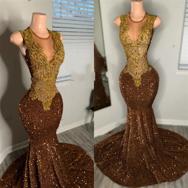 Women's Shirt Collar DressesBrown Sheer O Neck Long Prom Dress For Black Girls Beaded Crystal Rhinestone Birthday Party Dresses Sequined Evening Gowns