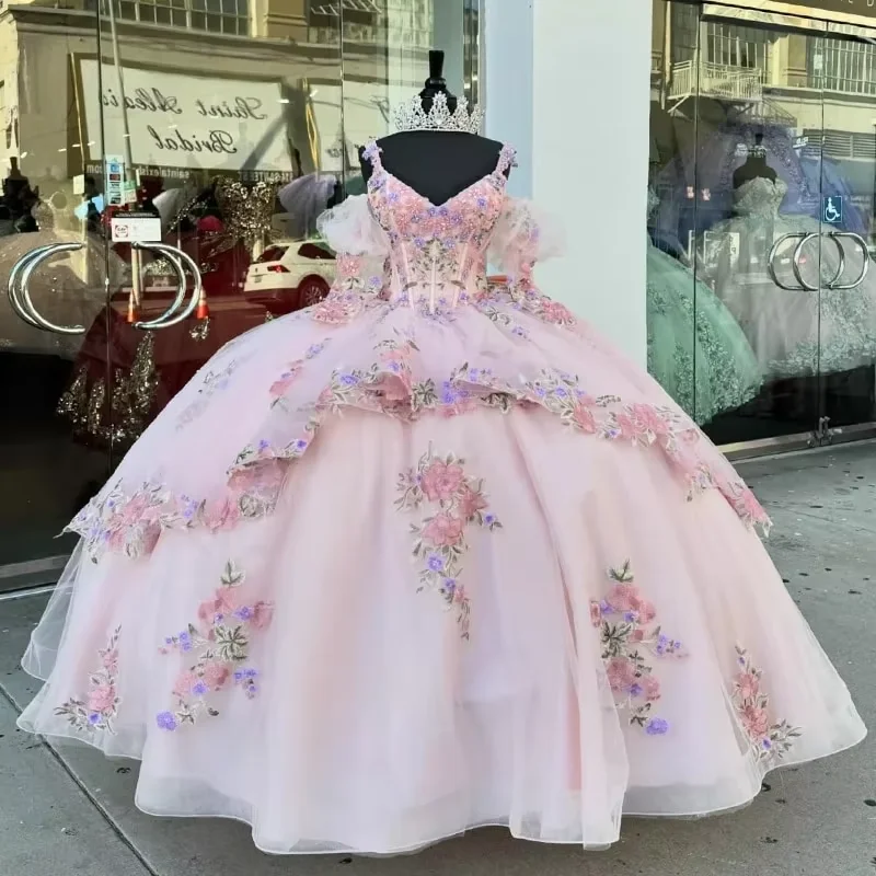 Women's Collarless DressesPink Quinceanera Dresses for 16 Year 2024 Ball Gown Sexy V Neck Off the Shoulder Puff Sleeve Party Dress for Girl Vestidos De 15