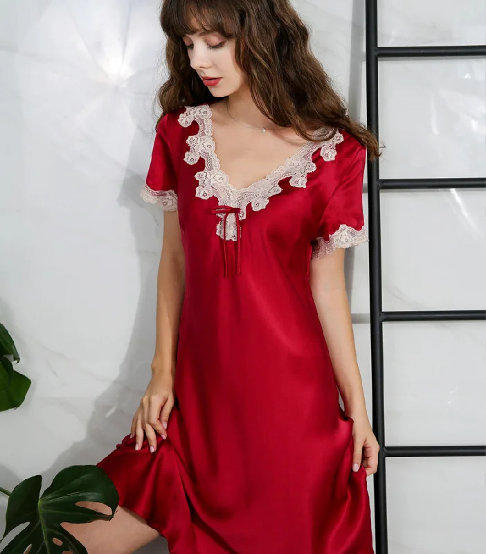 women's pajamas with a sophisticated eleganceChic Lace Silk Nightgown with short sleeve