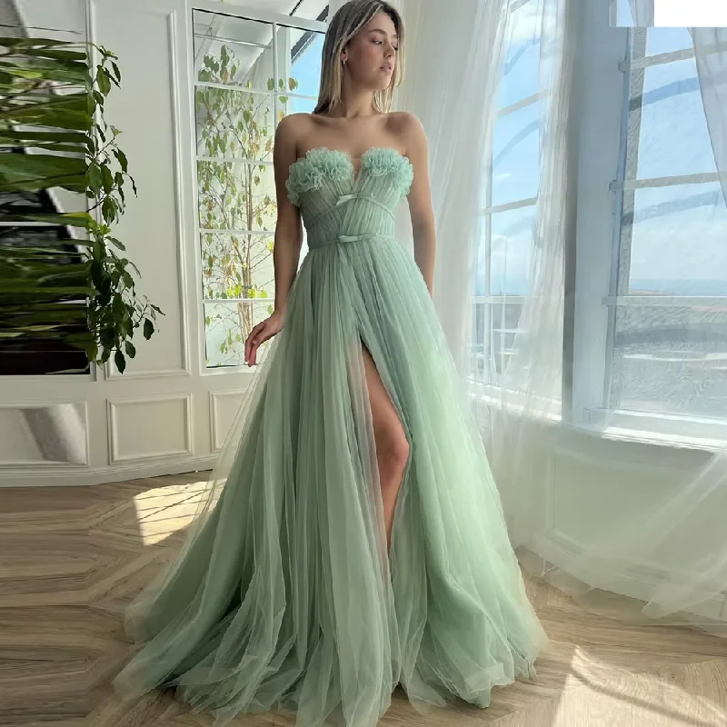 Women's Empire Waist DressesUnique Mesh Flowers Long Prom Dresses Sexy High Slit Tulle Puffy Women Summer Party Dress Elegant Mesh Puffy Brithday Gowns