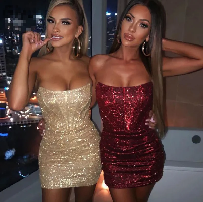 Women's Sweetheart-Neck DressesNight Club Party Woman Dress Sexy Bodycon Glitter Strapless Mini Short Prom Robe Summer Elegant Ruched Black Vestidos