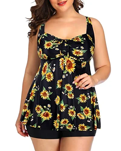 Full Coverage Boyleg Tankini Swimsuits Shorts-Black And Sunflower