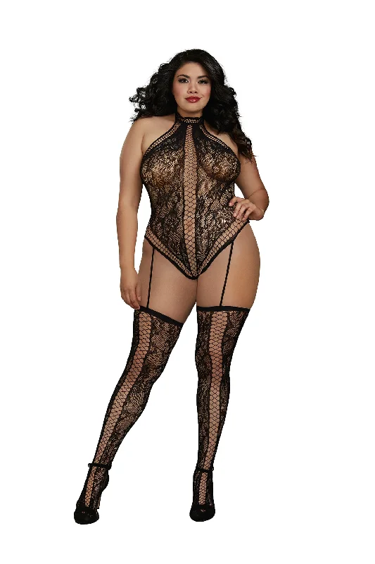 women's pajamas for yoga and meditationLace Teddy Bodystocking with Criss-Cross Detailing