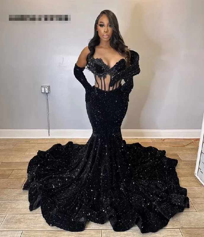 Women's Cut-Out DressesSexy Black Sequin See Thru Mermaid Long Prom Dresses With Gloves Halloween Afican Elegant Dress For Wedding Party Evening Gowns